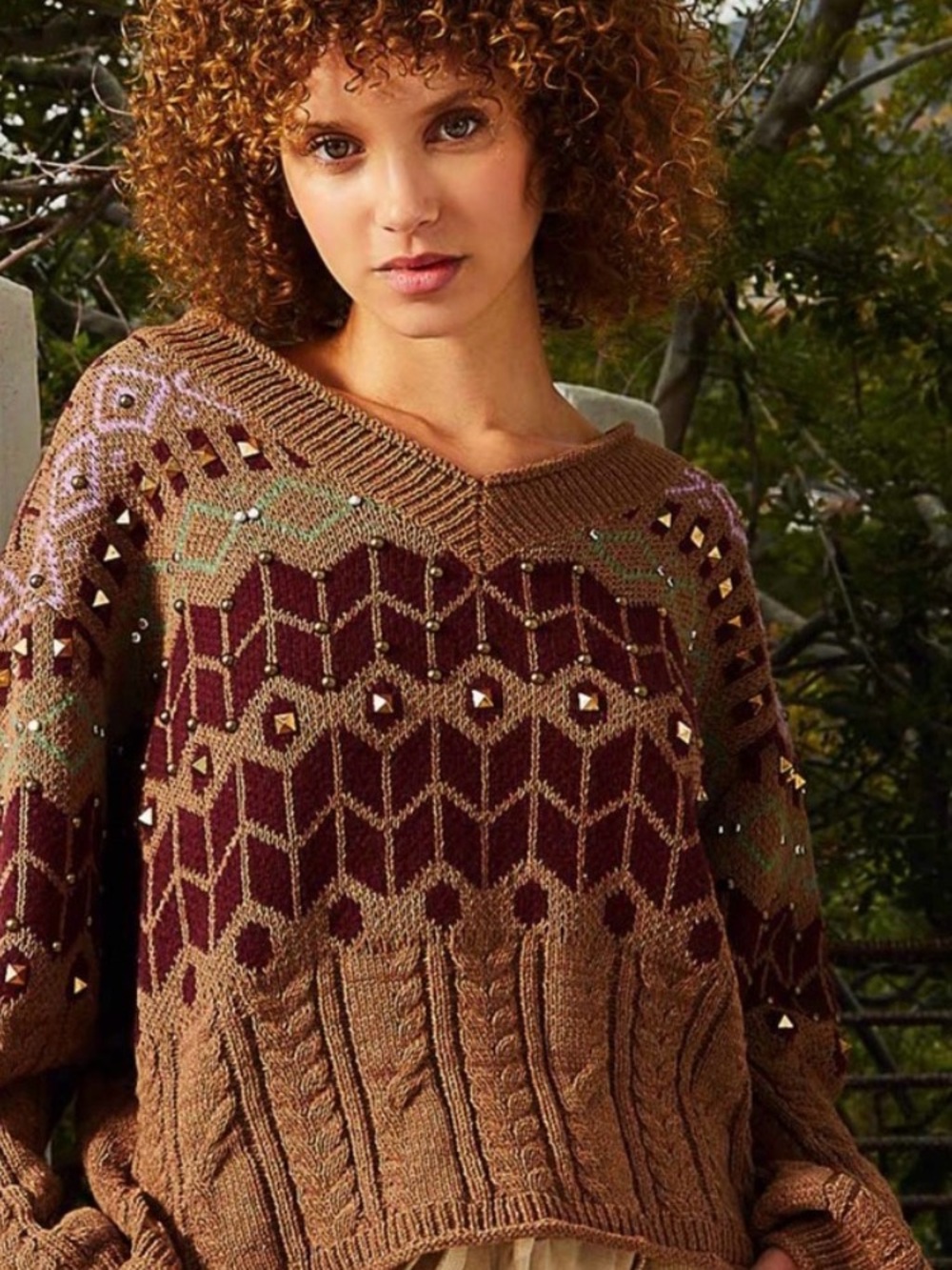 POL Cozy Patterned V-Neck Sweater Brown with Burgundy Lavender Studded Accents
